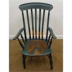  19th century elm farmhouse armchair, shaped cresting rail, turned supports, traditional bottle green finish, W62cm  