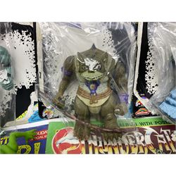 Five 1980s LJN Thundercats figures - Lion-O with sword, Snowman, S-S-Slythe, Tygra and Mumm-Ra; all re-bagged on original backing cards; partially stocked Panini sticker album; story cassette tape and three catalogues; together with Ghostbusters Slimer with food and Comic