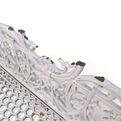 Victorian revival heavy cast iron garden bench, ornate back rest with scrolls, floral motifs and central crest, pierced lattice seat, curved arms and decorative legs, painted in antique white, in the Gothic Coalbrookdale style - Damaged 