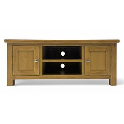 Contemporary oak television stand, rectangular top over two central open compartments, fla...