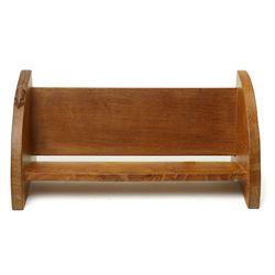Mouseman - oak book trough, curved end supports, with carved mouse signature, by the works...