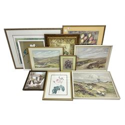 Ten framed prints to include watercolours and oils of landscapes, to include works by Dulce Berry; Blakey Moor, and Sheep on Whitby Moor, etc 