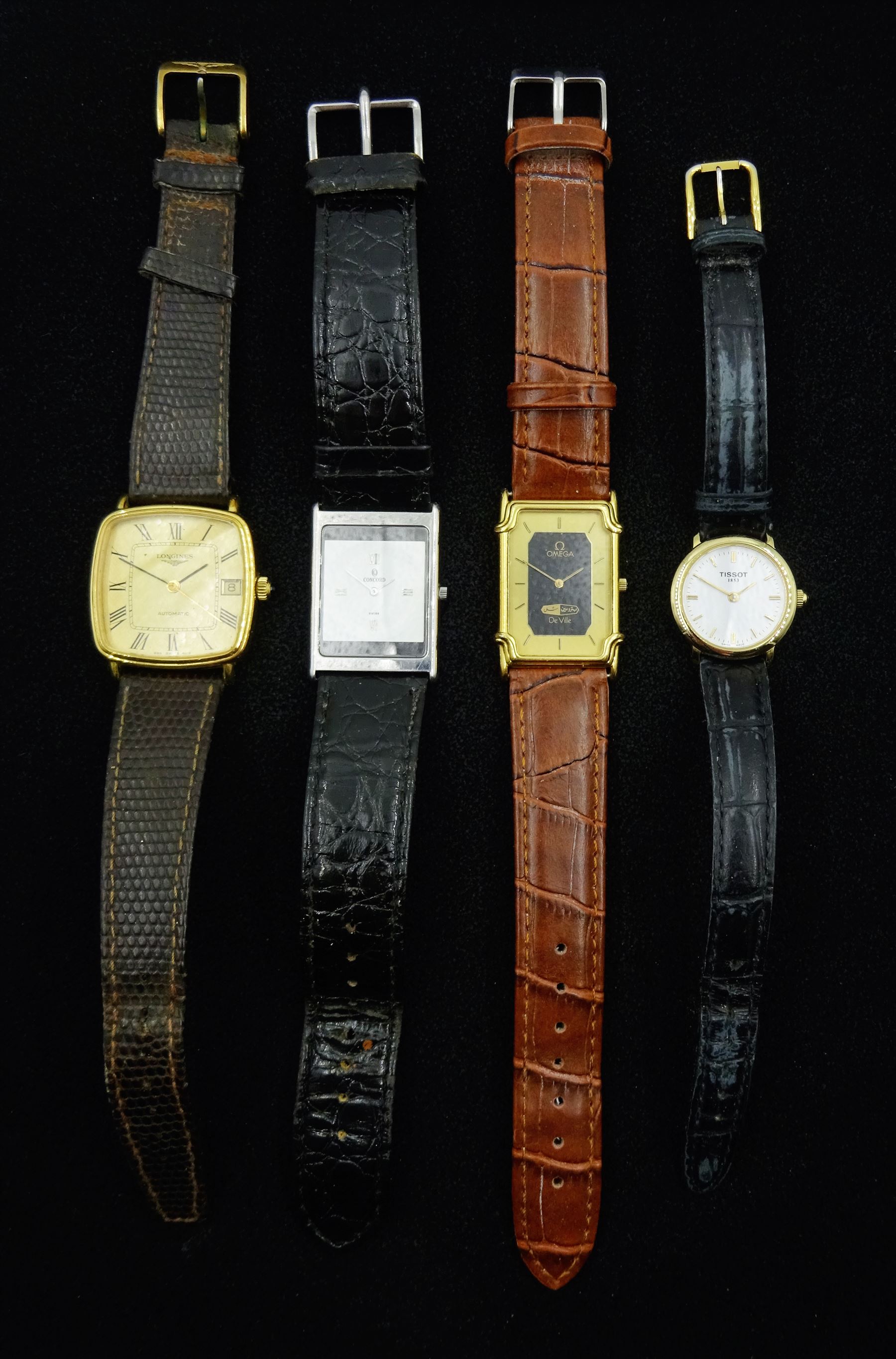 Concord stainless steel quartz wristwatch, Ref. 14-C1-617, serial No. 854364, Longines automatic, Omega De Ville quartz and a Tissot quartz, all on leather straps (4)