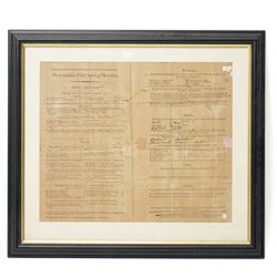 18th century double page handbill for 'Newmarket First Spring Meeting, April 1799' with list of runners and owners etc 31cm x 37cm framed, a single page bill 'Newmarket Third October or Houghton Meeting October 1803', another 'Doncaster Races September 1767' 30cm x 17cm, and another York August Meeting 1806 29cm x 17cm all framed (4) 
Provenance: property of a Nobleman