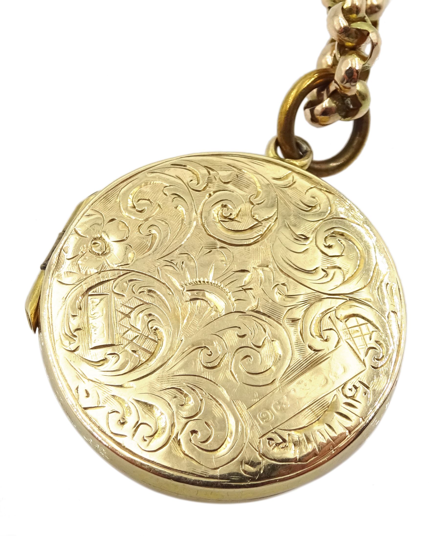 Early 20th century 9ct gold locket pendant with engraved decoration by Henry Matthews, on gold belcher link necklace, stamped 9c