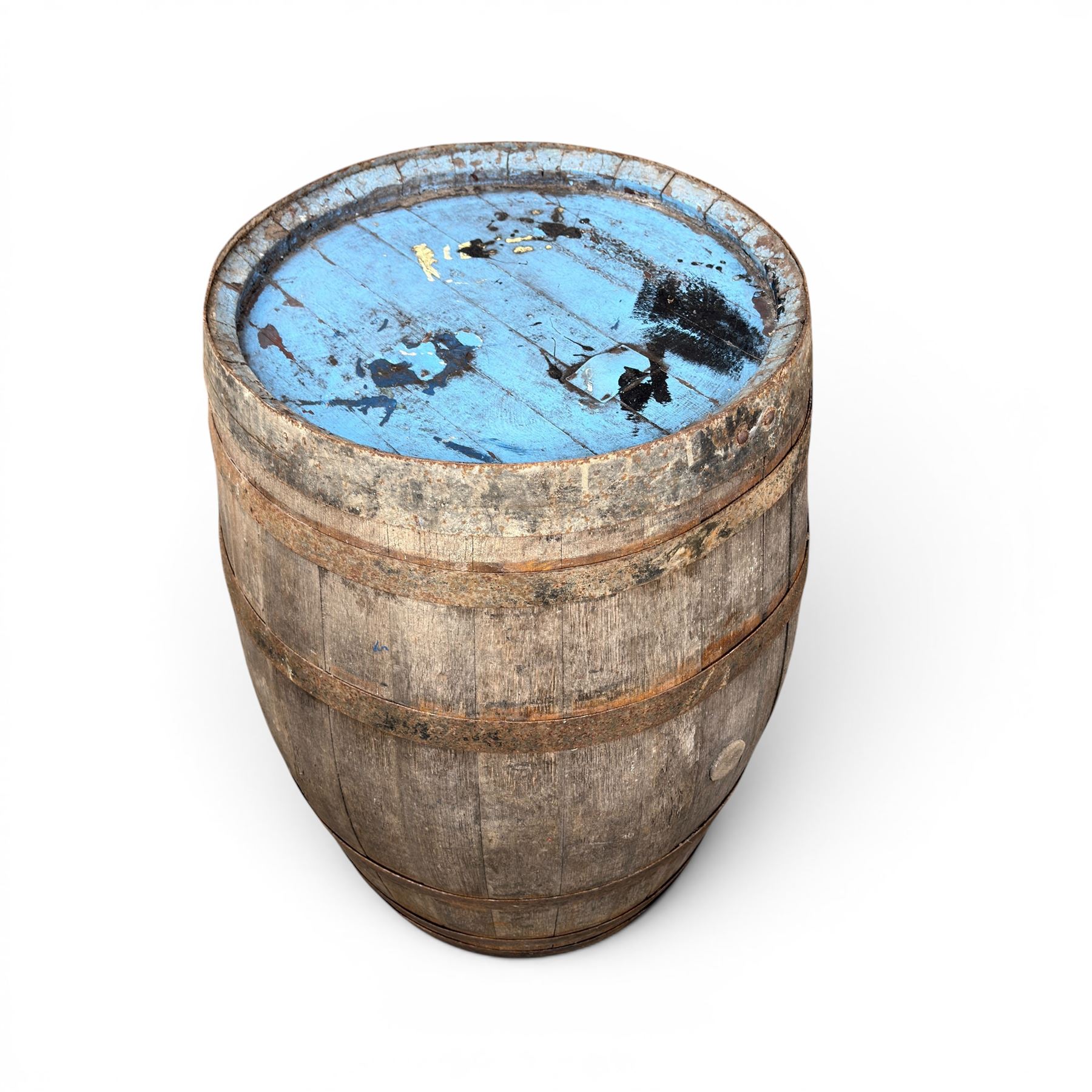 Vintage oak and metal bound whiskey barrel