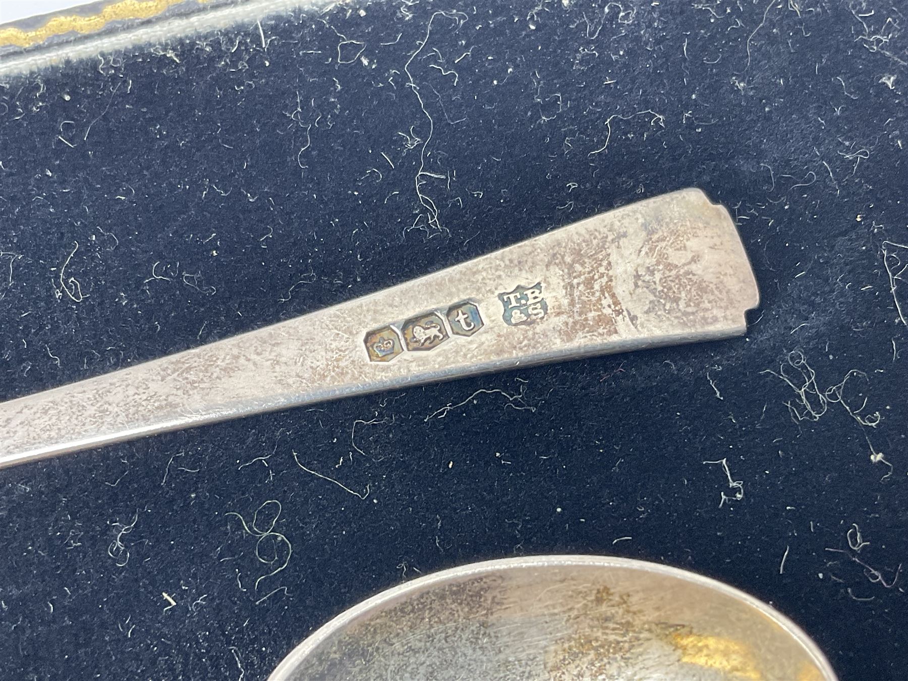 Five silver coffee spoons, together with one other, hallmarked, silver jewellery and costume jewellery in a wooden jewellery box