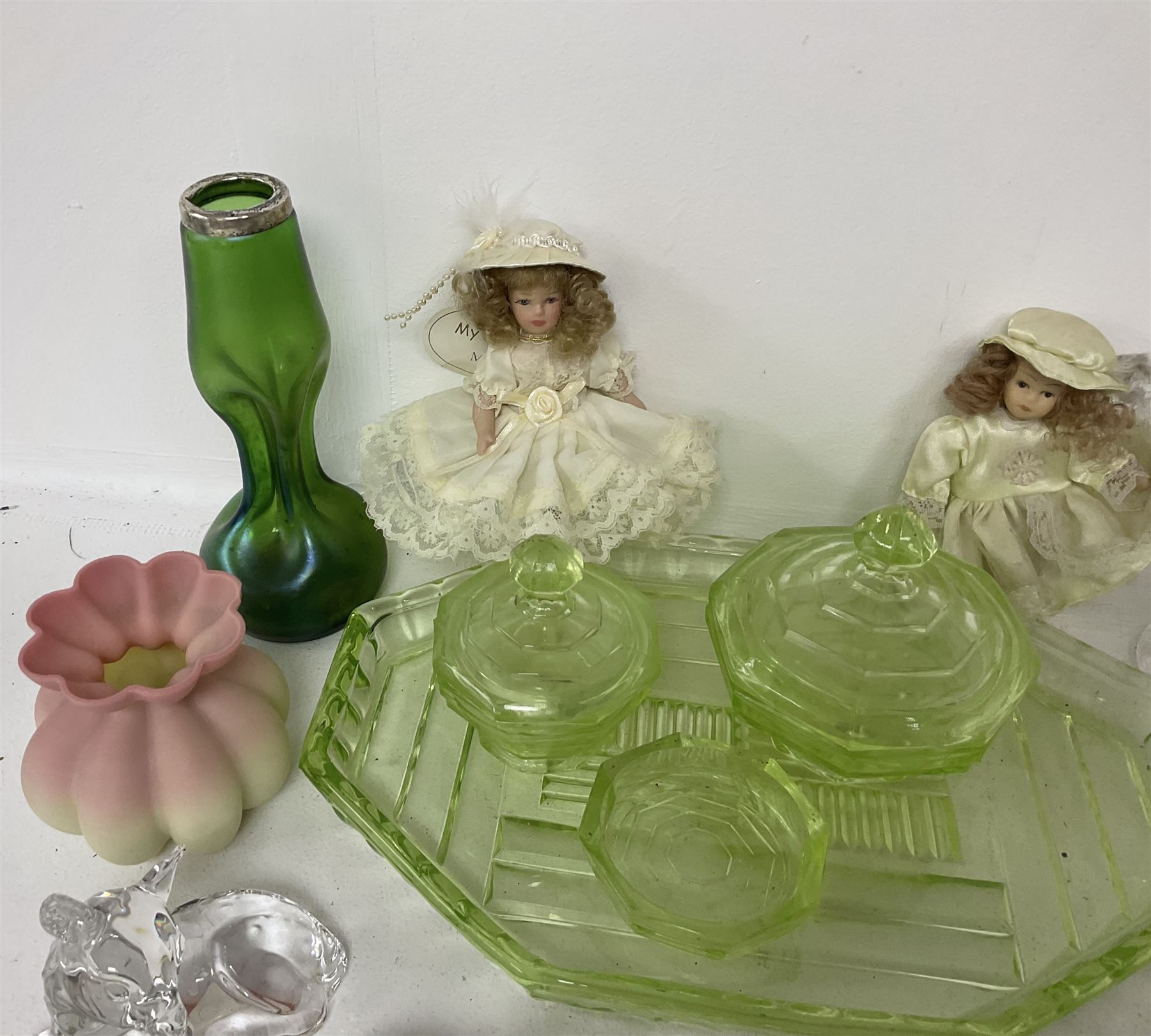 Uranium glass dressing table, bleikristall horse figures, dimple vase with silver collar, etc 
