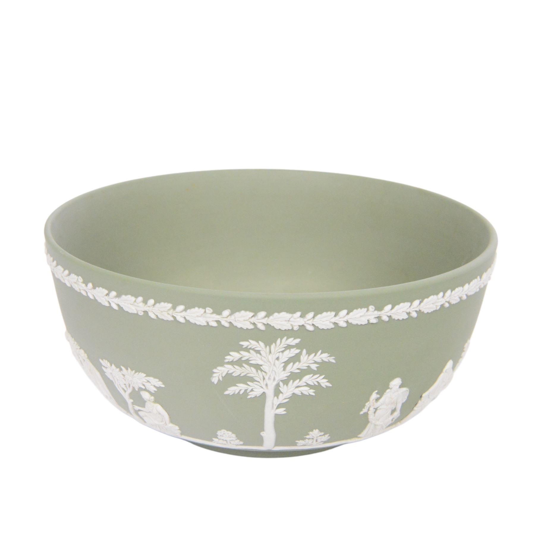 Wedgwood sage green jasperware to include Bowl, vases, covered trinket dish, plate etc