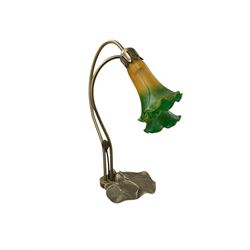 Art Nouveau inspired Tiffany style table lamp, with decorative lily pad base, and two amber and green tulip design glass shades, H40cm