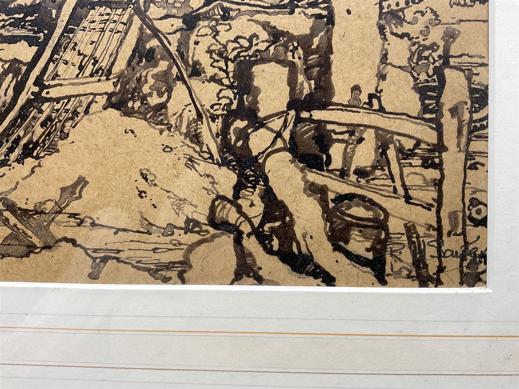 Rudolf Helmut Sauter (German 1895-1977): Barn Interior, ink on brown paper signed 22cm x 29cm