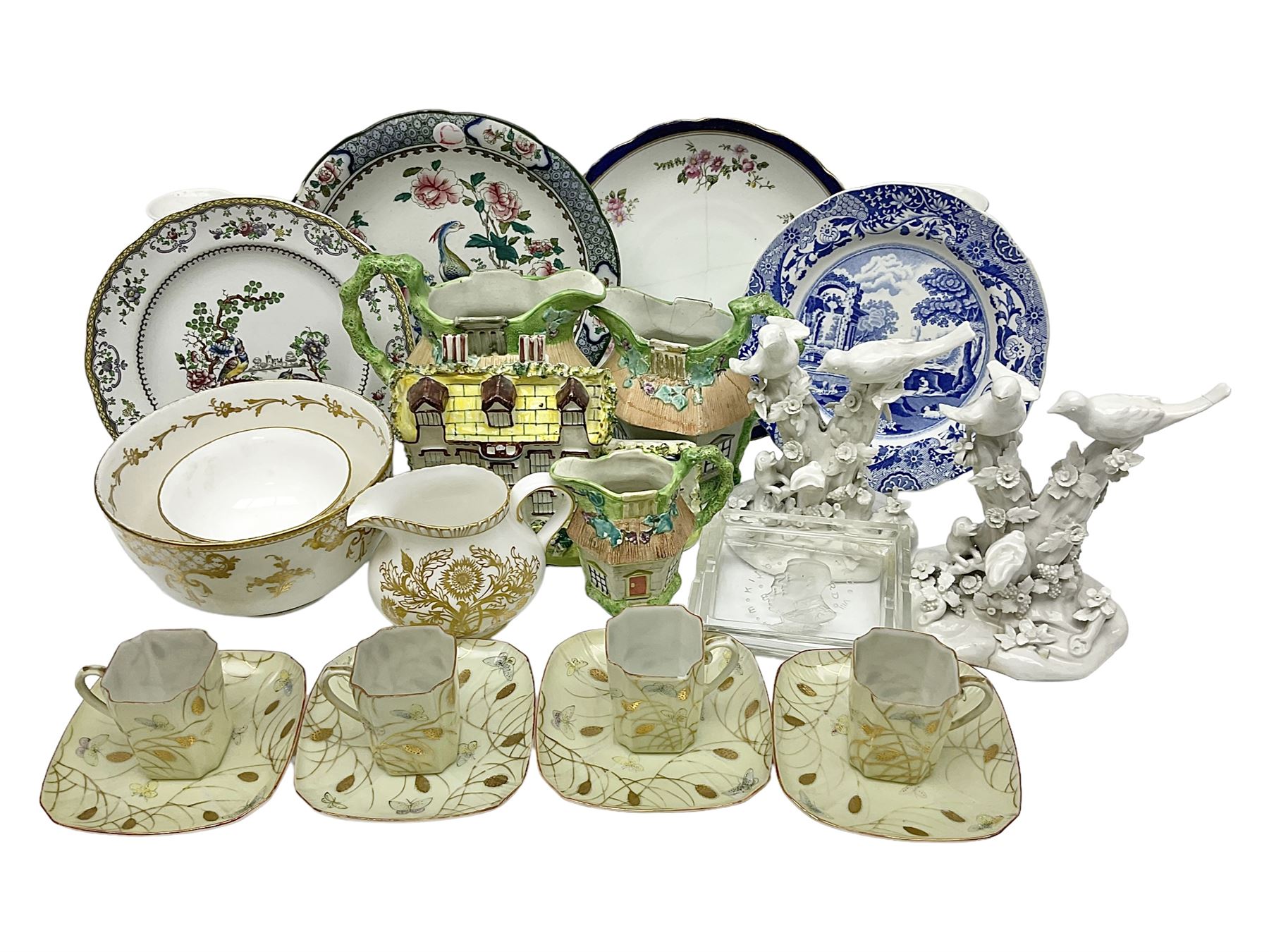 Royal Crown Derby Brocade pattern jug and sugar bowl, together with a similar gilt floral pattern bowl, three graduating Staffordshire style pearlware cottage jugs, Leeds Pottery model cottage and other ceramics and glassware, etc