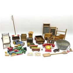 Vintage wooden toys including laundry set of washboards, clothes horse and tin wash-tub; scratch-built vehicles; building blocks; toy sweeping brush; skittles; spade; 'Titanic' deck chair; bee hive etc