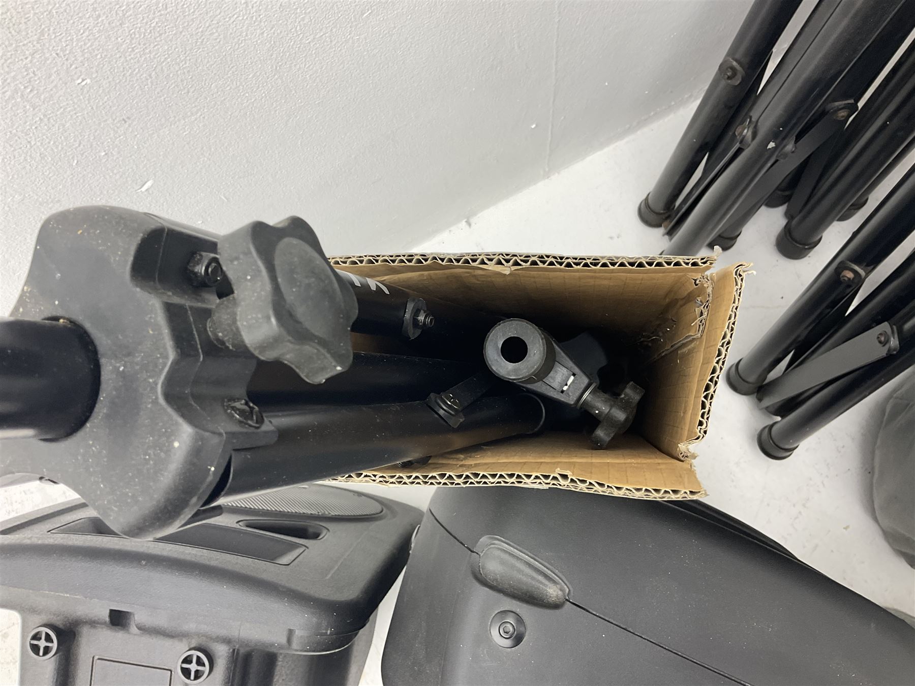 Wharfedale Pro Titan 12 speaker, pair of Wharfedale pro titan 8 speakers, Skytec SP1000 speaker, img stage line PAB-110 MK2 speaker and five speaker stands of various sizes (10)