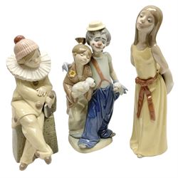 Three Lladro figures, comprising Little Jester no 5203, Pals Forever no 7686 and Naughty Girl no 5006, H25cm