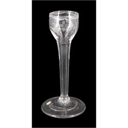 18th century cordial glass of possible Jacobite interest, the ogee bowl engraved with bird in flight and sunflower, upon a plain stem and folded conical foot, H15cm