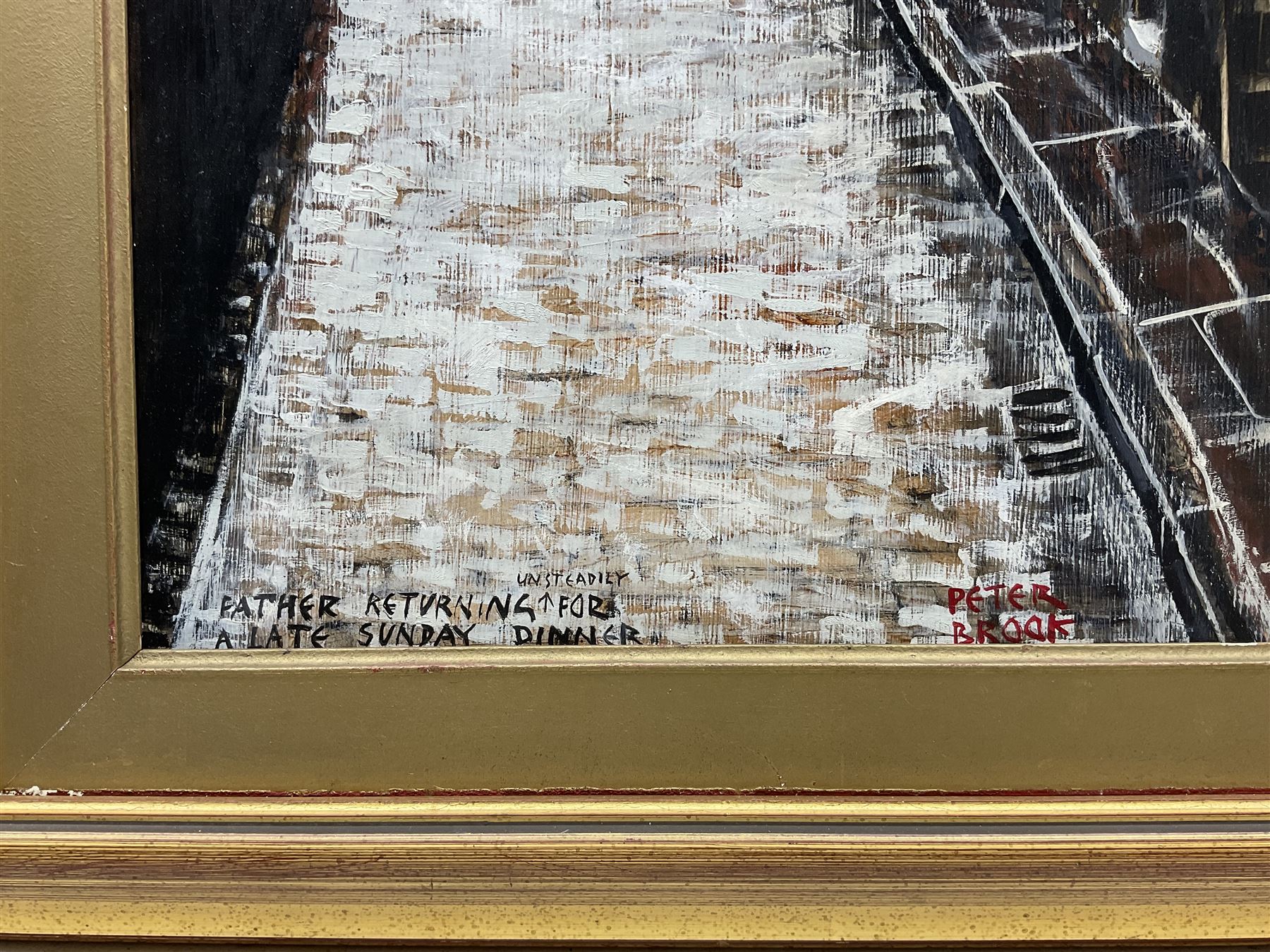 Peter Brook (Northern British 1927-2009): 'Father Returning (Unsteadily) for a Late Sunday Dinner', oil on board signed and titled 50cm x 34cm
Provenance: West Yorkshire dec'd estate; the deceased was good friends with the artist.