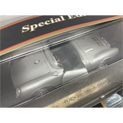 Three Maisto Special Edition 1:18 scale die-cast models - Porsche 550A Spyder, Jaguar 'S' Type and Ferrari 550 Maranello; all boxed; five other unboxed Maisto/Bburago 1:18 scale models; and two Classic Collection lead crystal models of Classic Cars (10)