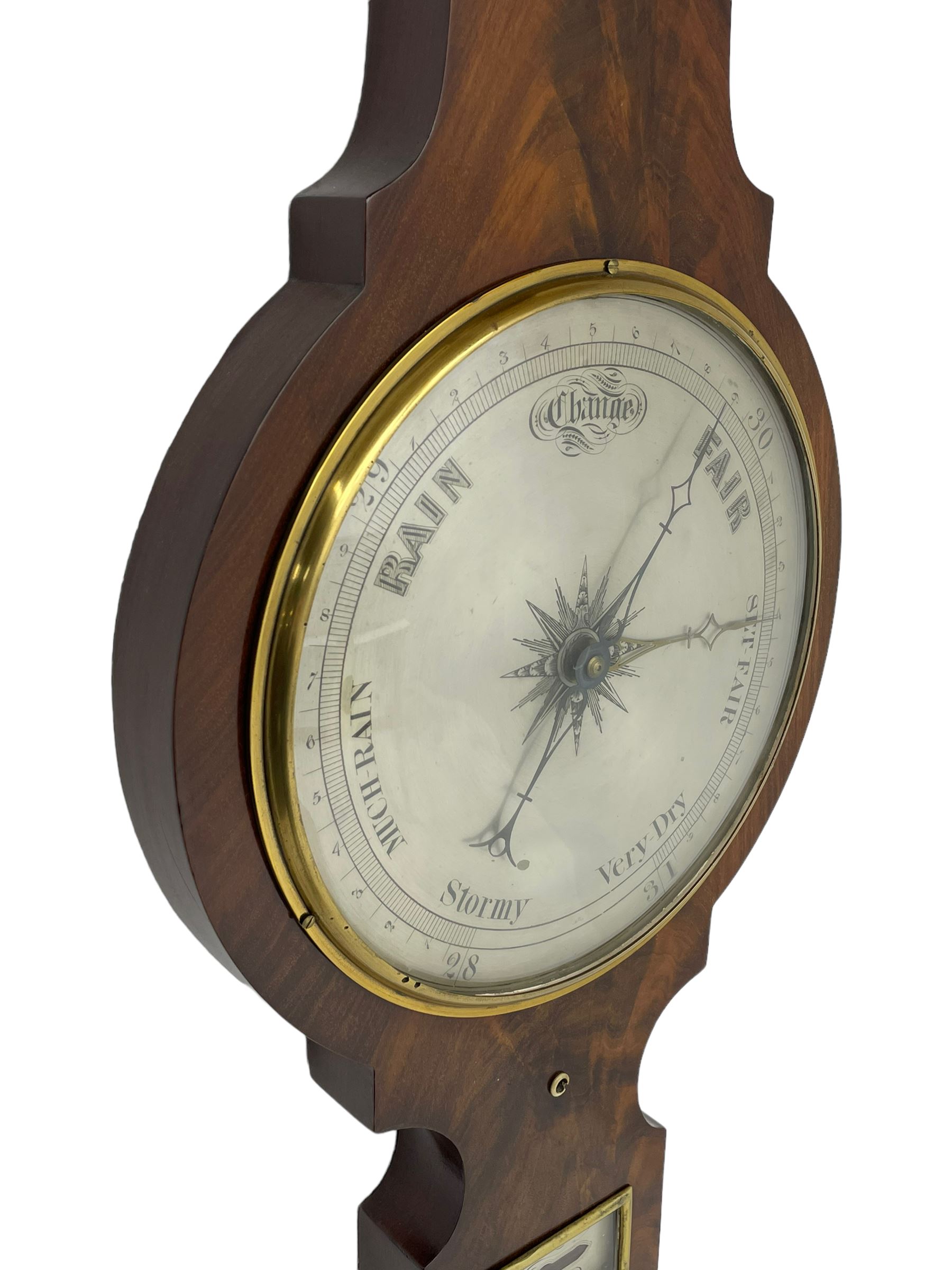 D Luvate of Preston - early Victorian mahogany mercury wheel barometer c1840, with a swan’s neck pediment and cavetto moulded square base, 8-inch silvered register calibrated in inches with a decorative star engraved centre, cast brass bezel and convex glass, with a steel indicating hand and brass recording hand, beneath a bowfronted Fahrenheit scale thermometer and hygrometer, rectangular spirit level signed D LUVATE, PRESTON.
Lacking recording hand button.
H109
Dominic Luvate is recorded as working as a barometer and looking glass maker in Friargate, Preston 1820-45
