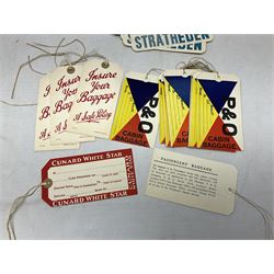 1930s cruise related ephemera and memorabilia for Cunard White Star Line and P & O vessels RMS Lancastria, RMS Strathmore, RMS Strathaird, Stratheden and Viceroy of India including large quantity of unused gummed back and tie-on luggage labels, postcards, photographs, menus, shore excursion booklets etc