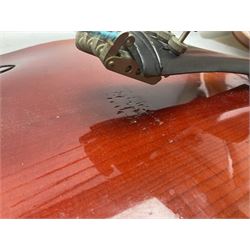 Two student half-size cellos - Boosey & Hawkes Artia with 65cm one-piece back and spruce top; bears maker's label; L104cm overall; and Romanian with 65.5cm two-piece maple back and ribs and spruce top; bears label; L108.5cm overall; each in soft carrying case with two bows (2)