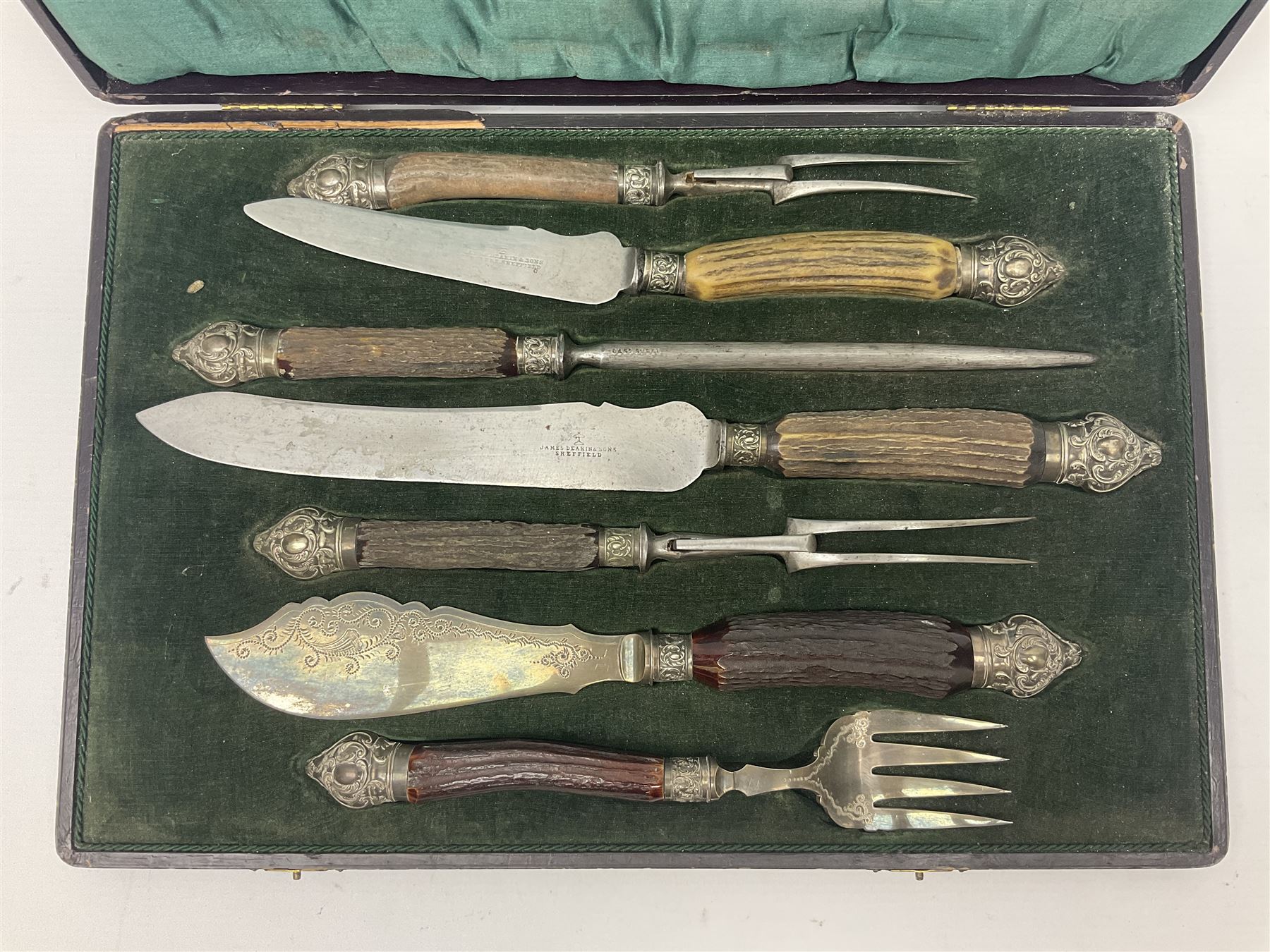 Cased horn handled carving knife set by James Deakin & Sons, Sheffield 