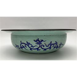 18th/19th century Chinese Canton enamel basin, the circular basin with flat everted rim, decorated with scrolling foliate and fruit decoration on a blue ground, D43cm