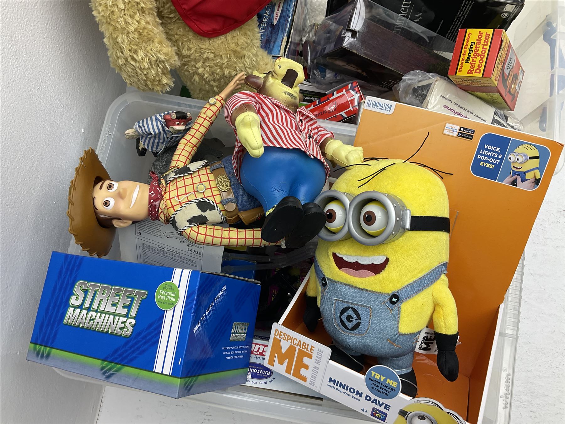 Two Barbie Pink Label Twilight figures in boxes, Ted wacky wobblers in boxes, Minion Dave in box, Toy Story Woody doll etc in two boxes