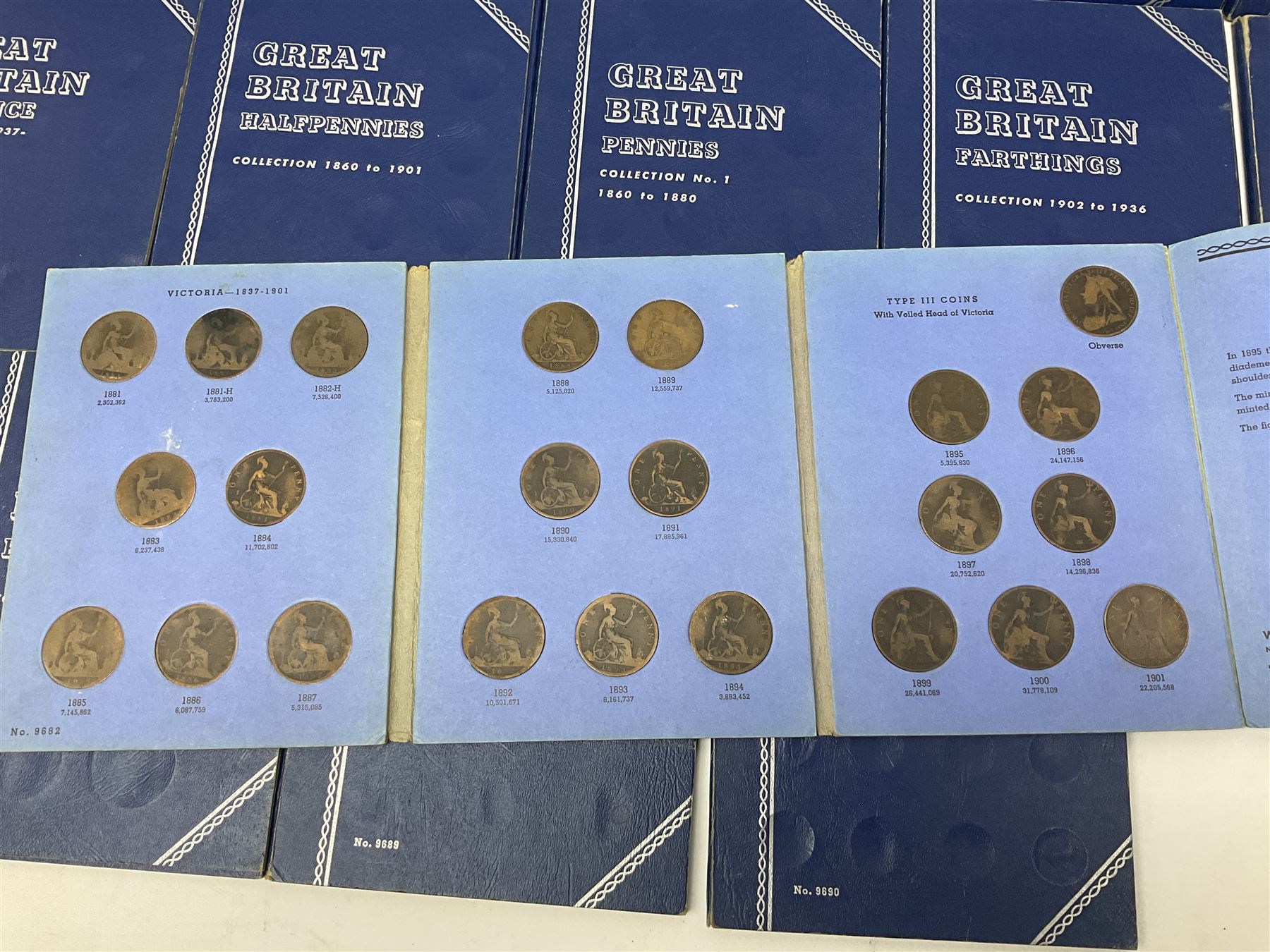 Fourteen part filled Whitman folders, including farthings, halfpennies, pennies and sixpences