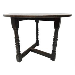 Late 18th century mahogany and oak three-legged cricket table, circular mahogany top on oak base, turned supports united by moulded stretchers