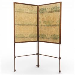 19th century mahogany screen, two panels connected by hinges with teal and cream damask fa...