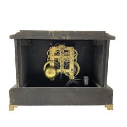 Seth Thomas - American late 19th century 8-day  mantle clock in a wooden case striking the hours on a gong and the half hours on a bell. With pendulum and key. 