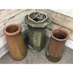 Victorian terracotta hexagonal chimney pot and two circular terracotta chimney pots