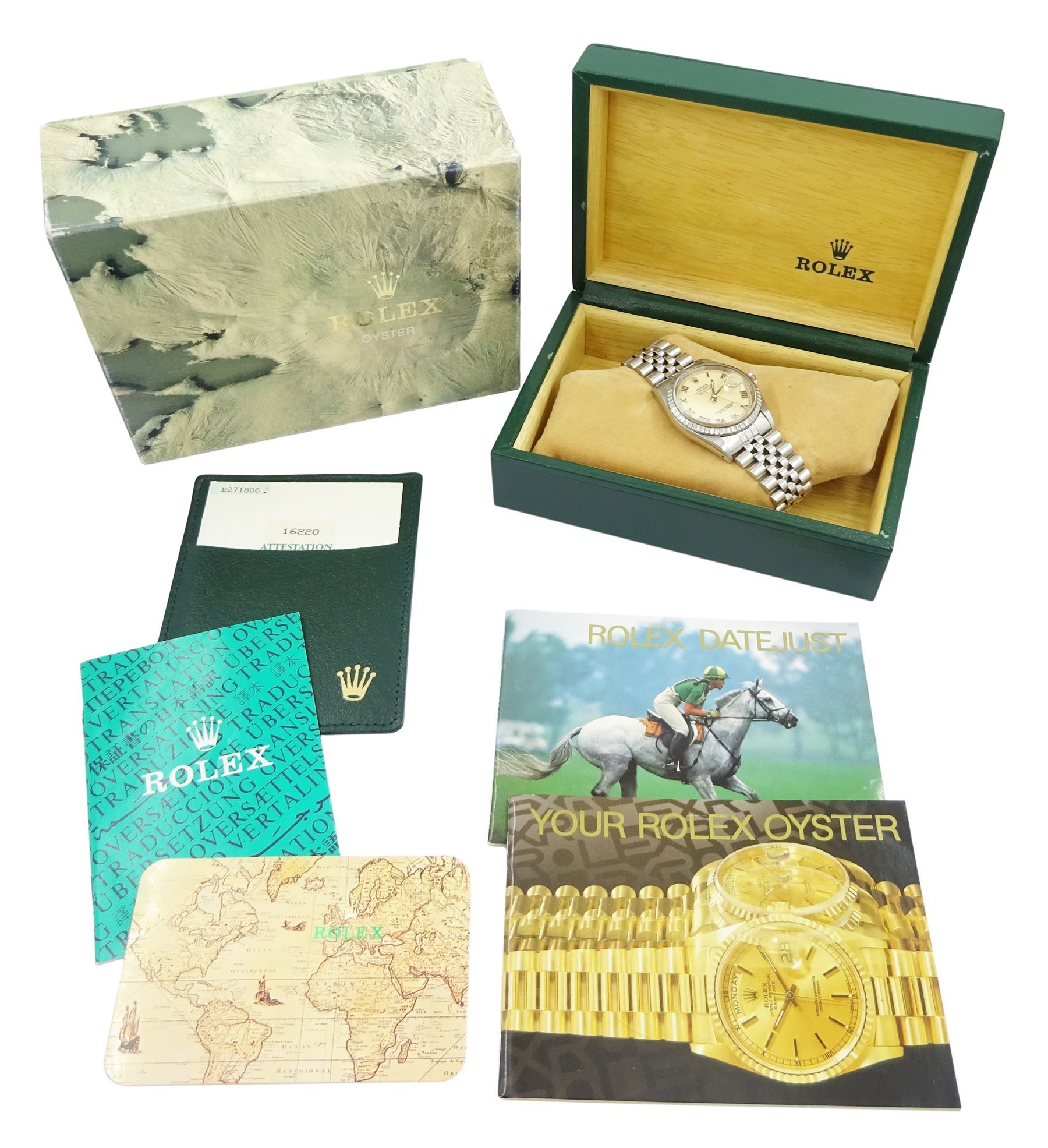 Rolex Oyster Perpetual Datejust gentleman's stainless steel automatic wristwatch, circa 1990, Ref. 16220, serial No. E271806, cream dial with Roman numeral hour markers, on Jubilee stainless steel bracelet with fold-over clasp, boxed with papers