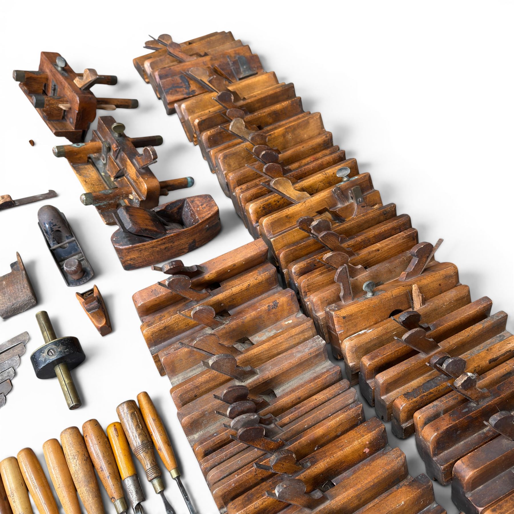 Collection of planes and woodworking tools including wood planes, chisels, hammers etc along with three books (Antique Woodworking Tools, Timber Preservation and Woodworkers Pocket Book)