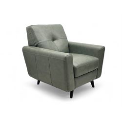 DFS - contemporary 'Camper' two seat sofa, upholstered in French grey leather with button back detailing, on splayed supports (W144cm, D84cm, H76cm); matching armchair (W90cm, D84cm, H76cm)