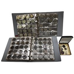 Mostly Great British coins, including pre 1902 silver threepence pieces, Queen Victoria 1887 sixpence, 1887 shilling etc, various pre 1947 silver coins from threepence to half crown, pre-decimal pennies and other denominations etc, housed in two ring binder folders