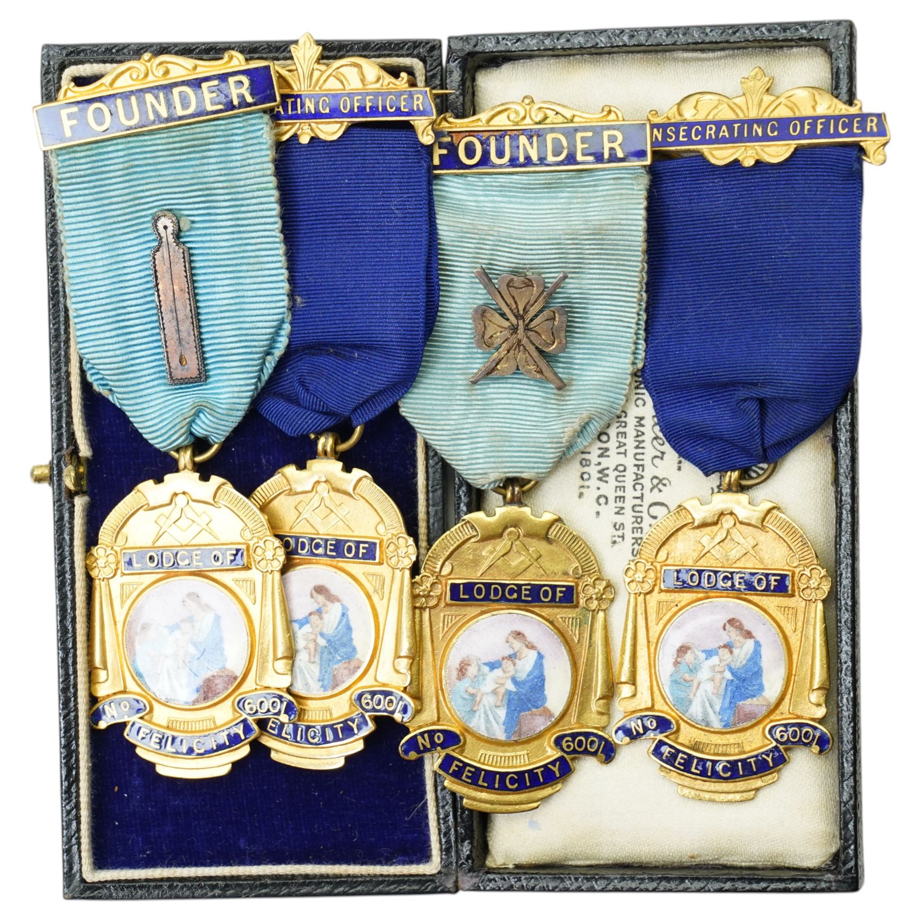 Masonic Jewels comprising seven enamel and gilt 'Lodge of Felicity', five dated 1945, four silver-plated examples collar jewels, a silver-gilt jewel, together with a cased Victorian photograph and a silver-gilt medal for 'Past President Chamber of Trade, Bradford & District', including some cases 