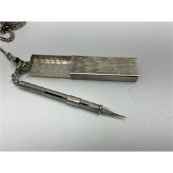 Victorian style silver chatelaine necklace, suspending eight silver sewing and similar accessories, including tape measure, needle case, pencil holder, powder compact and pill box