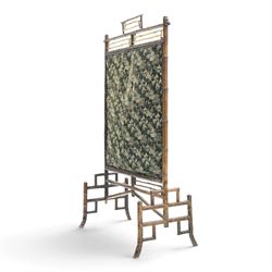 Victorian Aesthetic Movement bamboo framed fire screen, geometric bamboo frame with gilt elements, later applied fabric panel