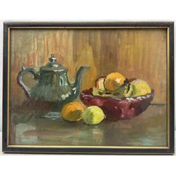 Faith Tresidder Sheppard (British 1920-2008): Still Life of Teapot and Fruit, oil on board inscribed with secondary still life verso 34cm x 45cm