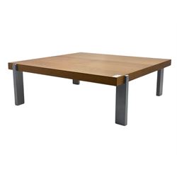 BoConcept - contemporary walnut coffee table, square top with clean lines and minimalistic design, supported by silver brush metal supports