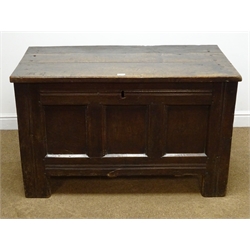  18th century oak coffer with thick planked peg hinged lid, tripled panelled front with reed moulded frame and stile supports, initialed 'RN', W116cm, H72cm, D61cm   