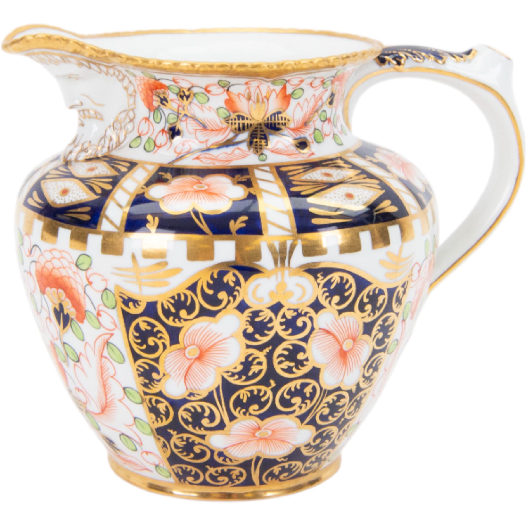 Royal Crown Derby Witches pattern jug, circa 1920s, with mask lip and gold rim, H15cm
