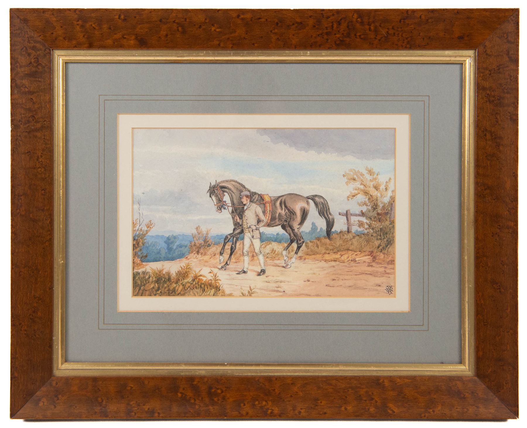 English School (Late 19th Century): Gentlemen and their Horses, set of three watercolours signed with monogram JHD?, 15cm x 24cm (3)