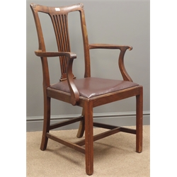  20th century Georgian style walnut armchair, pierced splat, carved arms, leather upholstered seat, W55cm, H100cm   