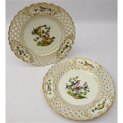  Pair Meissen reticulated cabinet plates hand painted with birds, D24cm   