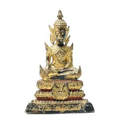 Gilt bronze Thai Rattanakosin buddha, 19th century, in princely dress, seated upon a three...