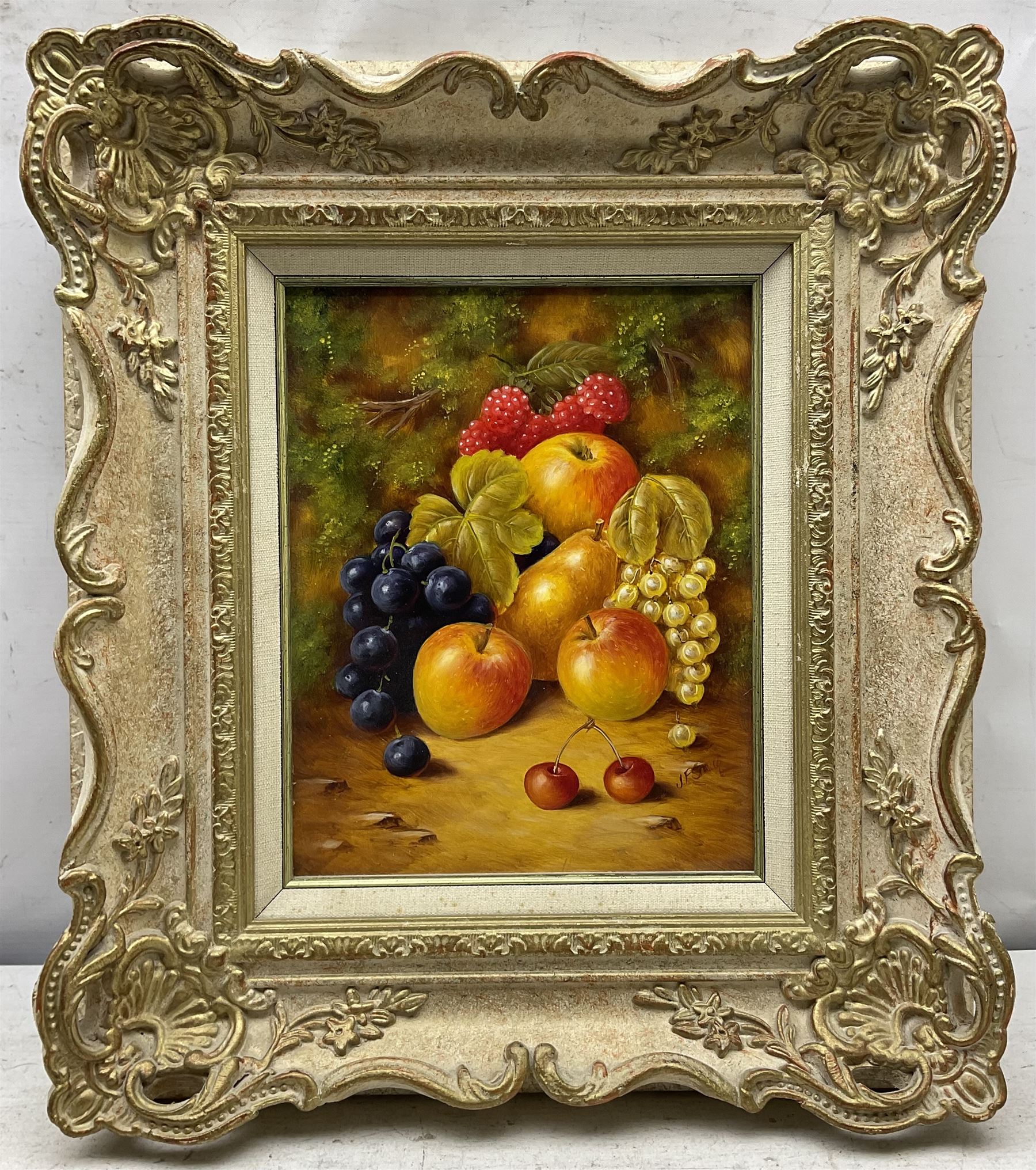 John F Smith (British 1934-): Still Life of Apples, pair oils on board signed 24cm x 19cm 
Notes: Smith was employed by Royal Worcester as a fruit painter between 1950 and 1971.