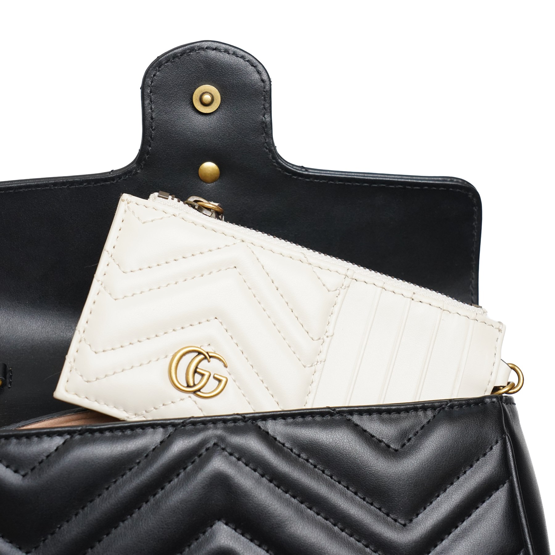 Gucci - GG Marmont mini chain shoulder bag, black matelassé chevron leather, flap front with antique-gold tone Double G hardware, the chain strap additionally fitted with contrasting ivory matelassé leather zip card pouch with Double G hardware, with original dust bag and box
